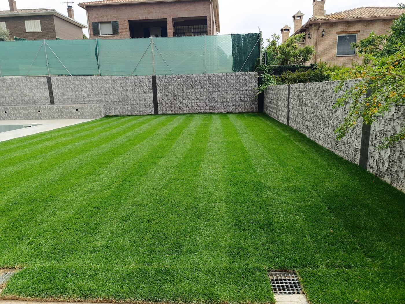 Jardín particular con césped rayado y piscina